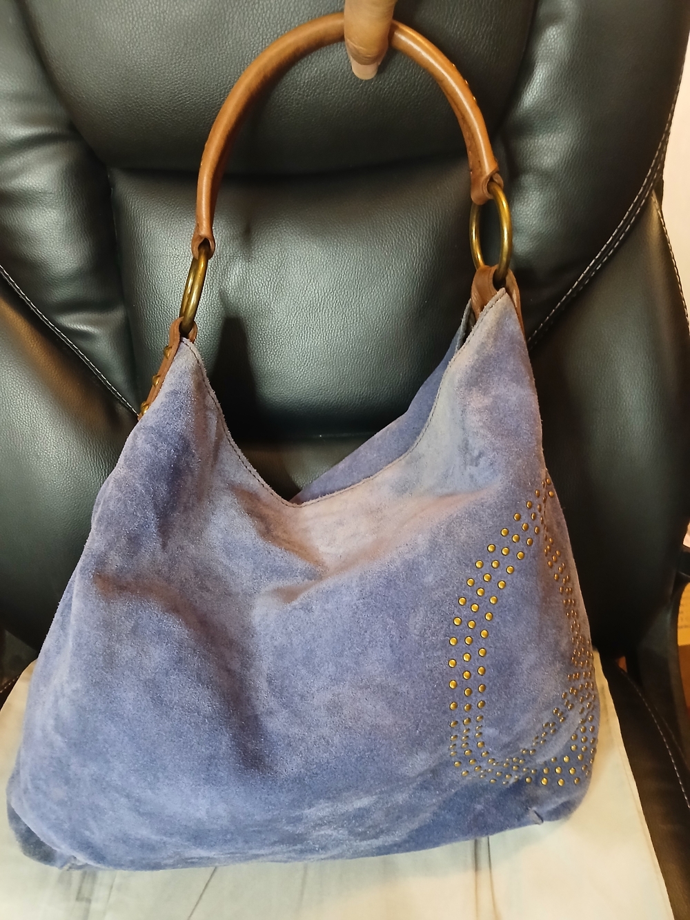 Lucky Brand Clem Blue Suede Hobo Bag with Stud Detail